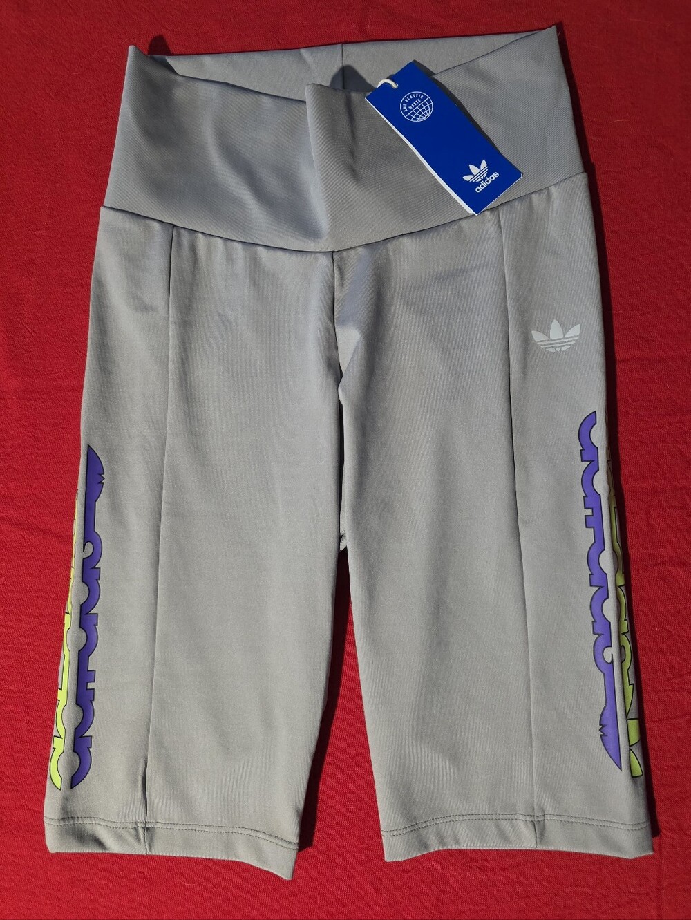 adidas Gray Short Capri Leggings with Purple and Yellow Side Graphics